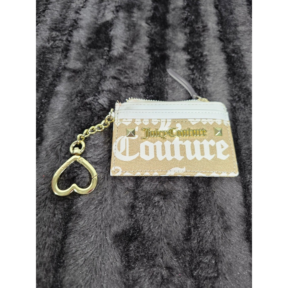 Juicy Couture Monogram Logo Card Holder Wallet Keychain Tan White Gold Tone
